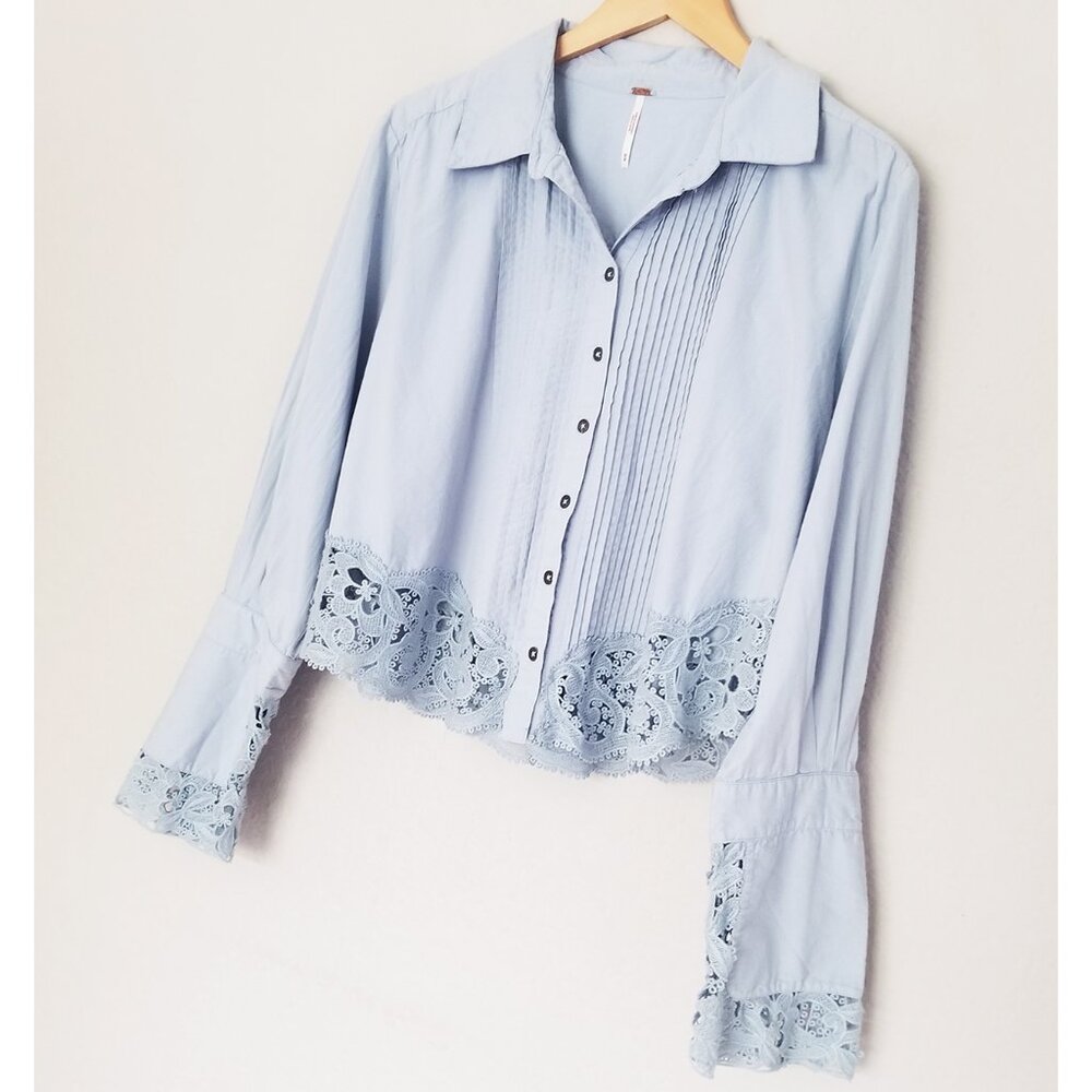 Free People Crochet Lace Trim Hooked On You Top Button Front Shirt Blue M $128 - Picture 16 of 16